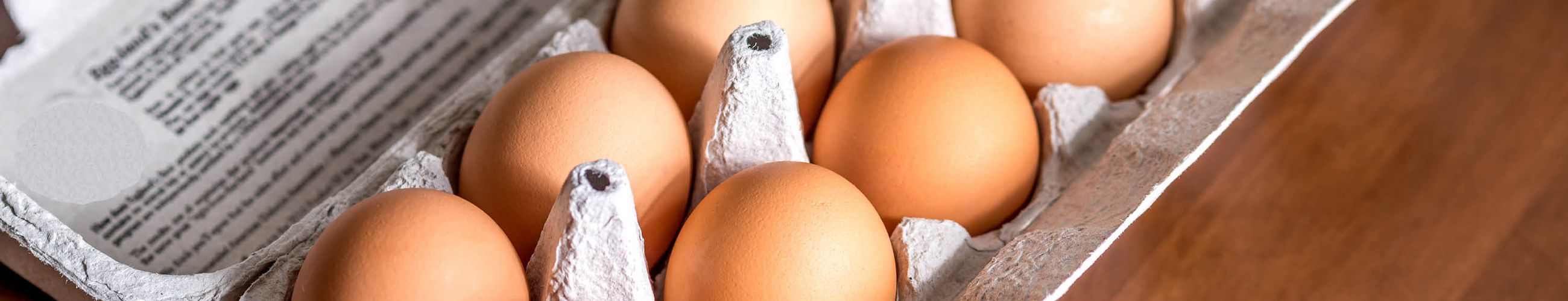 Sechs Eier in einem offenen Eierkarton liegen auf einem Holzbrett.
